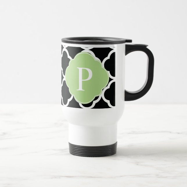 Green Black Quatrefoil Monogramm Reisebecher (Rechts)