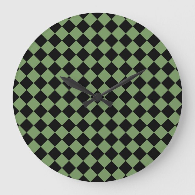 Green Black Schachbrett Diamond Pattern Große Wanduhr (Vorderseite)