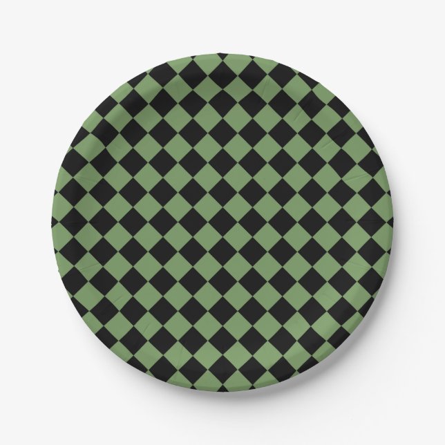 Green Black Schachbrett Diamond Pattern Pappteller (Vorderseite)
