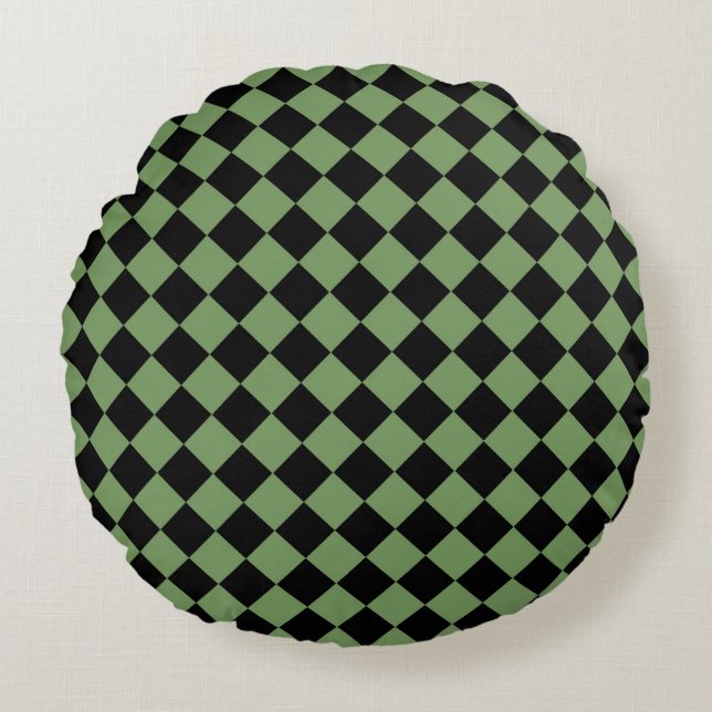 Green Black Schachbrett Diamond Pattern Rundes Kissen (Vorderseite)