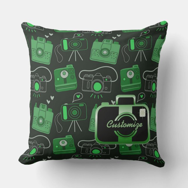 Green & Black Shutter Bug Retro Kameras Kissen (Vorderseite)