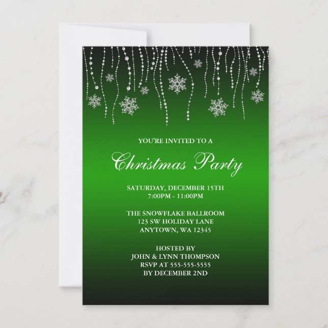 Green Black Sparkle Snowflakes Weihnachts-Party Einladung (Vorderseite)