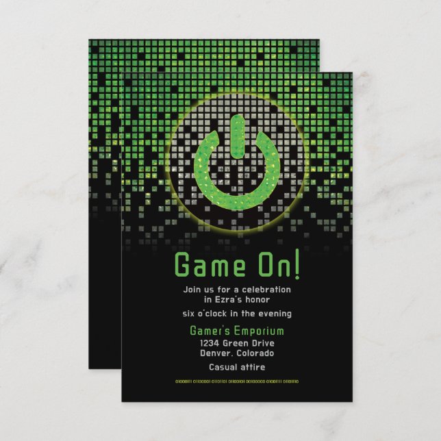 Green Black Video Game Gamer Bar Mitzvah Begleitkarte (Vorne/Hinten)