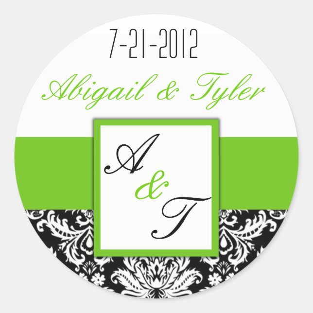 Green Black Wedding Monogram Damask Sticker (Vorderseite)