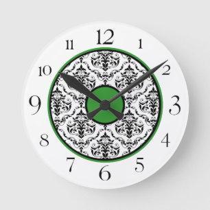 Green Black & White Damask Elegante Runduhr Runde Wanduhr