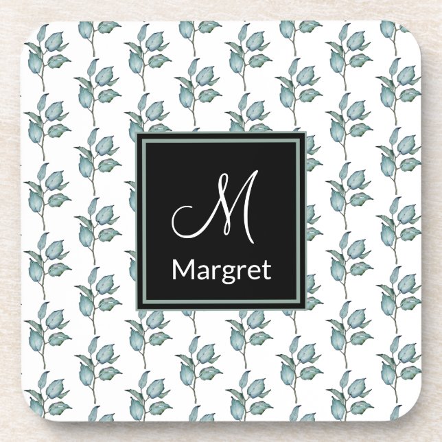 Green Blätter Garden Pattern Monogram personalisie Getränkeuntersetzer (Vorderseite)