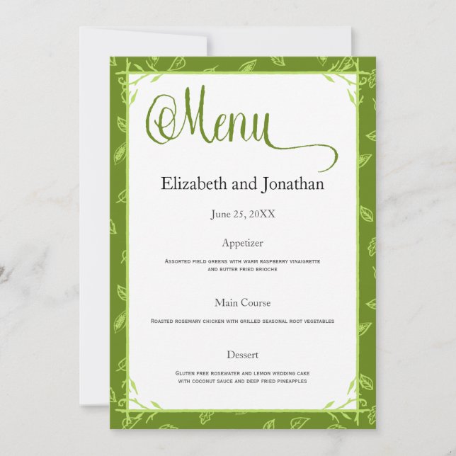 Green Blätter Wedding Reception Menu Card Einladung (Vorderseite)