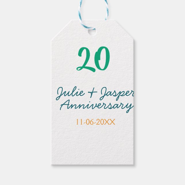 Green blue 20th anniversary name date orange  geschenkanhänger (Vorderseite)