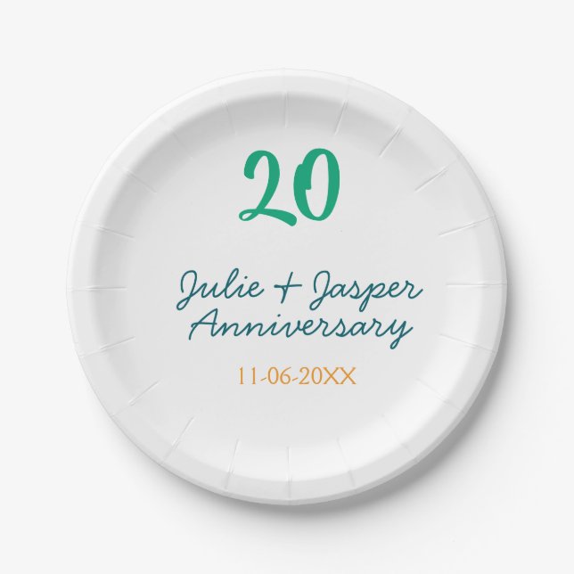 Green blue 20th anniversary name date orange  pappteller (Vorderseite)