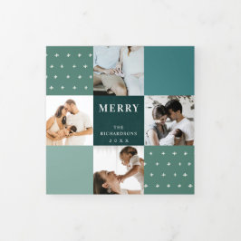 Green Blue Aquamarin Kariert 7 Foto Frohe Weihnach Dreifach Gefaltete Urlaubskarte