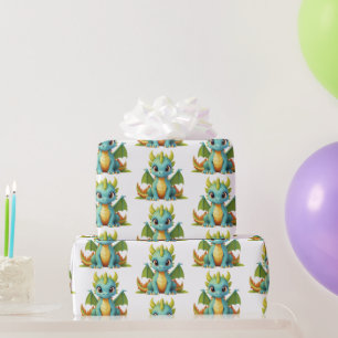 Green Blue Baby Dragon Fantasy Wrapping Paper Geschenkpapier