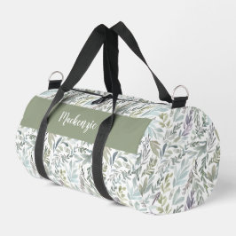 Green Blue Botanical Watercolor Monogram Name Duffle Bag