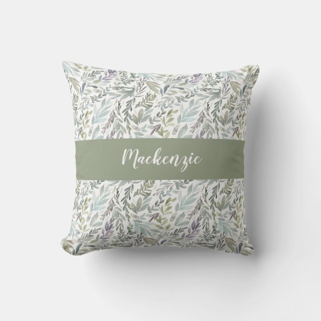 Green Blue Botanical Watercolor Monogram Name Kissen (Vorderseite)