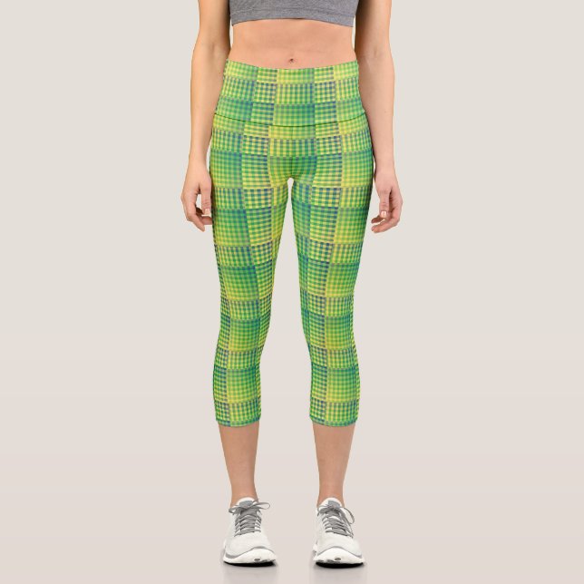 Green Blue Checker Abstract Pattern Capri Leggings (Vorderseite)
