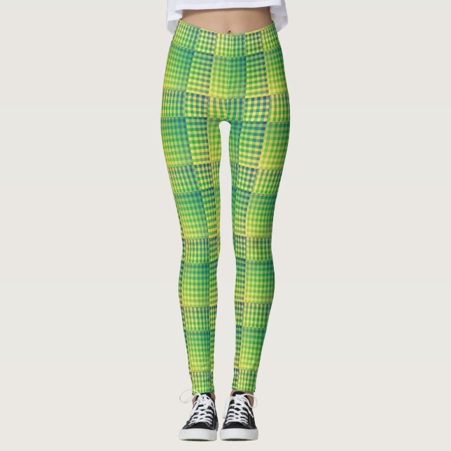 Green Blue Checker Abstract Pattern Leggings (Vorderseite)