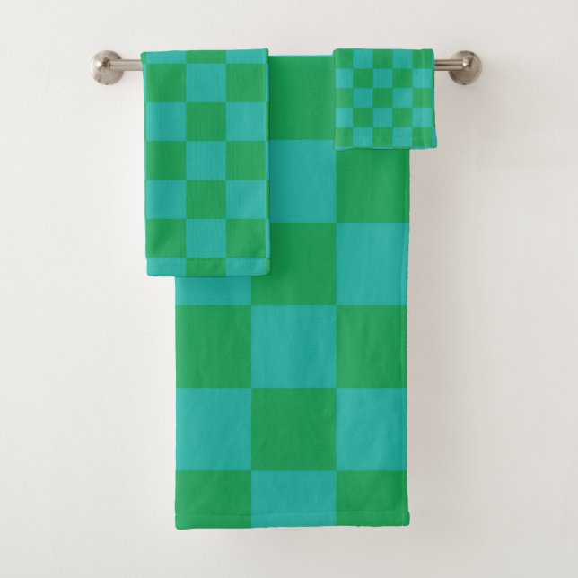 Green Blue Checkered Gingham Pattern Badhandtuch Set (Insitu)