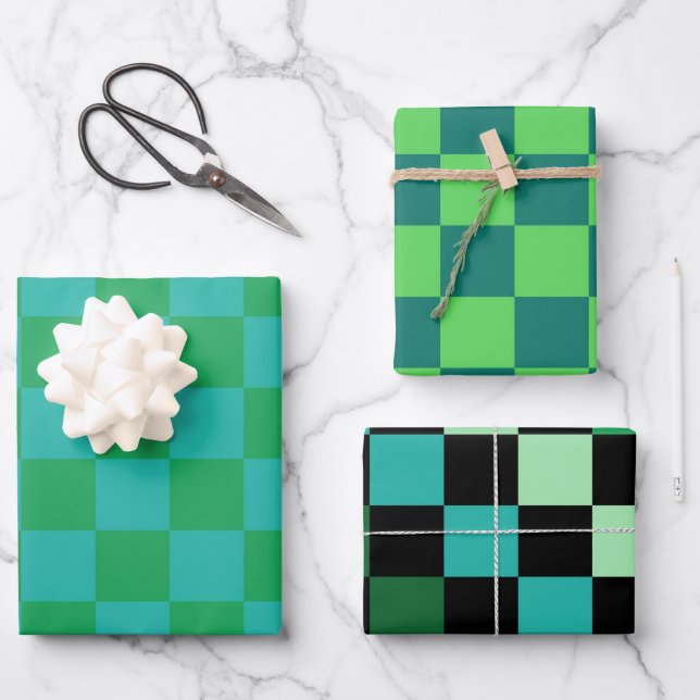 Green Blue Checkered Gingham Pattern Geschenkpapier Set (Vorderseite)
