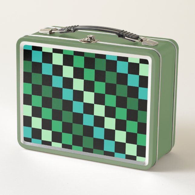Green Blue Checkered Gingham Pattern Metall Brotdose (Vorderseite)