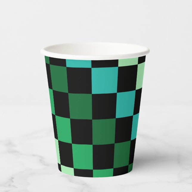 Green Blue Checkered Gingham Pattern Pappbecher (Vorderseite)