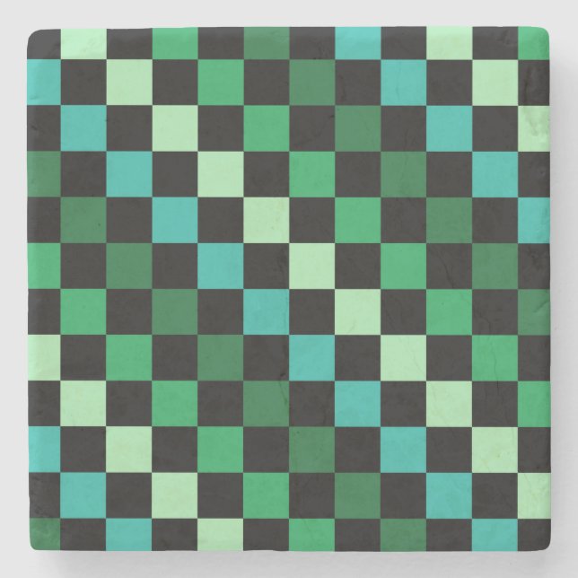Green Blue Checkered Gingham Pattern Steinuntersetzer (Vorderseite)