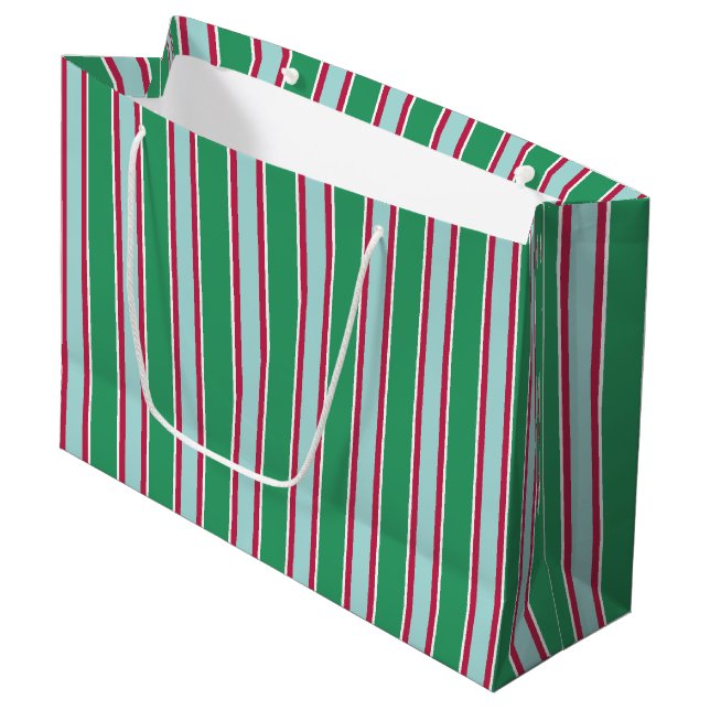 Green Blue Christmas Streifen Geschenktasche Große Geschenktüte (Vorderseite Schrägansicht)