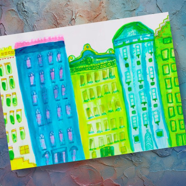 Green Blue City Apartments New York Street Street Postkarte (Colorful watercolor cityscape apartment office buildings custom postcard)