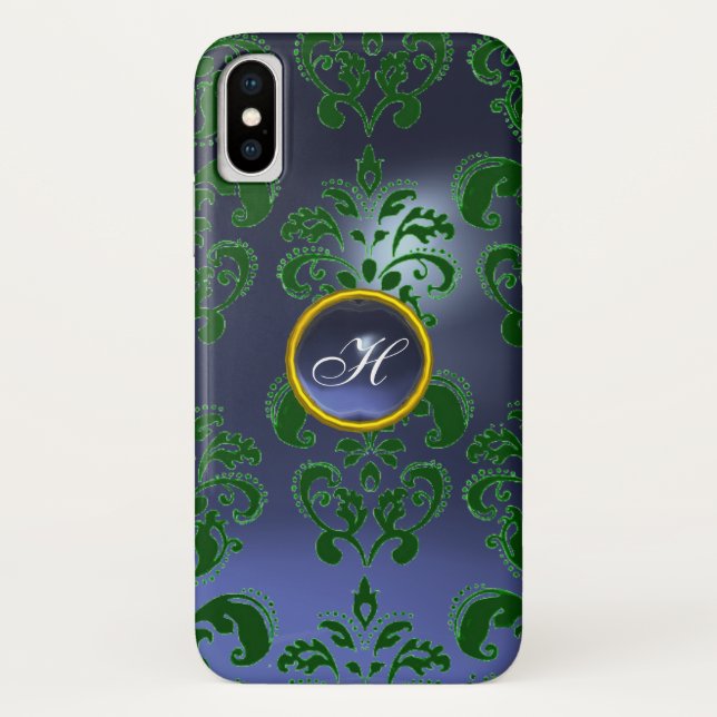 GREEN BLUE DAMASK GEMSTONE MONOGRAMM Case-Mate iPhone HÜLLE (Rückseite)