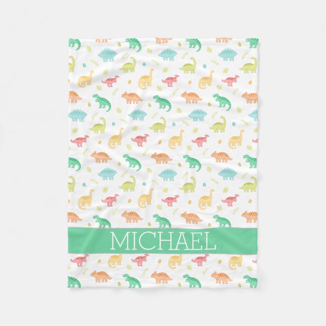 Green Blue Dinosaur Pattern Individuelle Name Fleecedecke (Vorderseite)