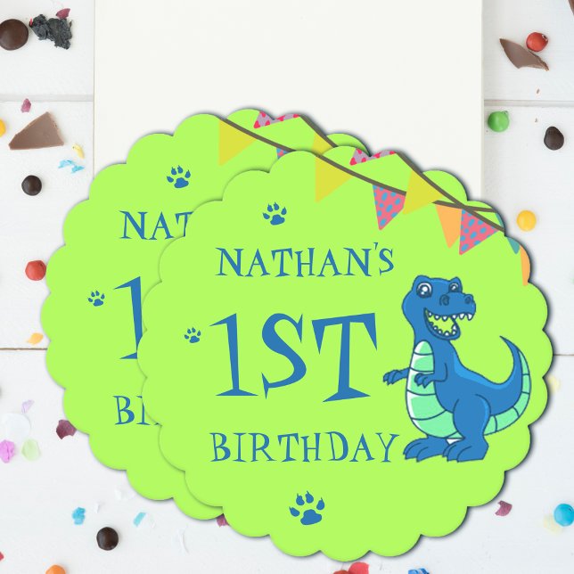 Green Blue Dinosaurier Themed Kindergeburtstag Par Untersetzer (Green Blue Dinosaur Themed Kids Birthday Party Paper Coaster)