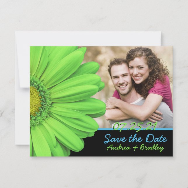 Green Blue Gerbera Daisy Foto Wedding Save The Date (Vorderseite)