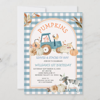Green Blue Gingham Pumpkins Farm Animal Birthday Einladung