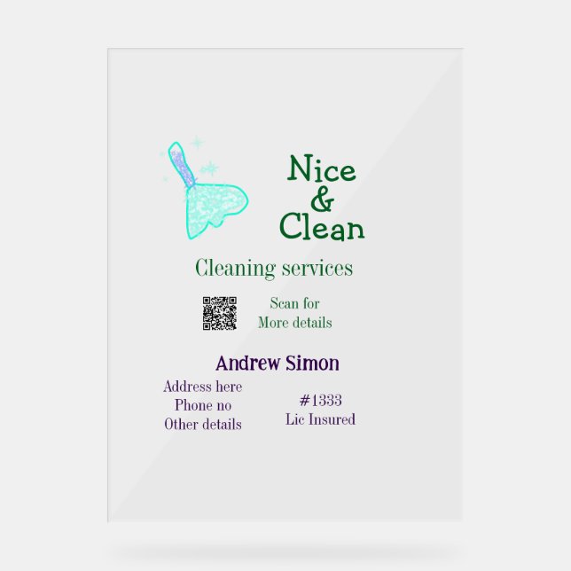 Green blue gitter clean mop add name address q r b acrylschild (Vorderseite)