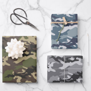 Green, Blue & Gray Camouflage Camouflage Geschenkpapier Set