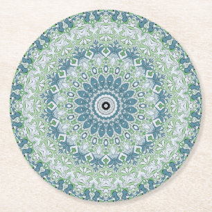 Green Blue Gray Coastal Mandala Kaleidoscope Runder Pappuntersetzer