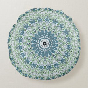 Green Blue Gray Coastal Mandala Kaleidoscope Rundes Kissen