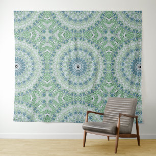 Green Blue Gray Coastal Mandala Kaleidoscope Wandteppich