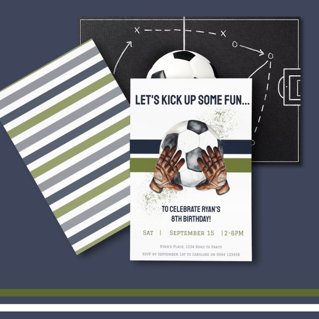 Green Blue Kids Sport Fußball Geburtstag Einladung (Soccer Football Sports Game Time Let's Kick Up Fun Birthday Party Invitation)