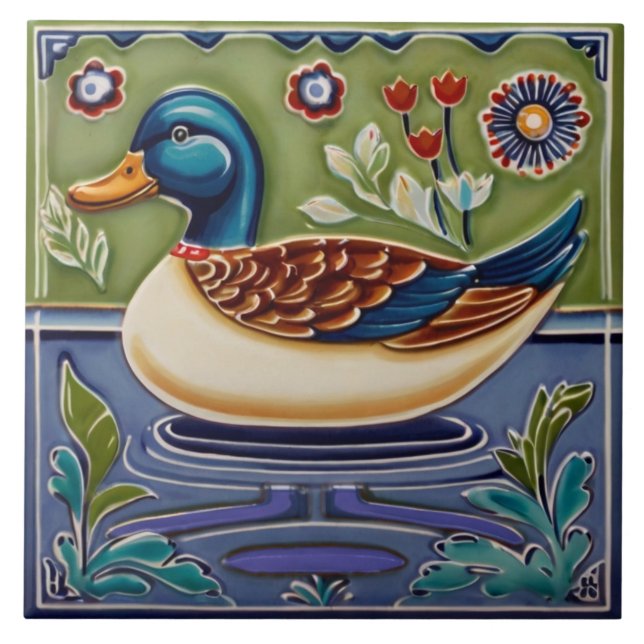 Green & Blue Mallard Duck European Folk Animal Art Fliese (Vorderseite)