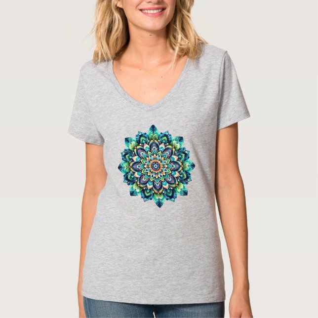 Green/Blue Mandala V-Nacken-T - Shirt (Vorderseite)