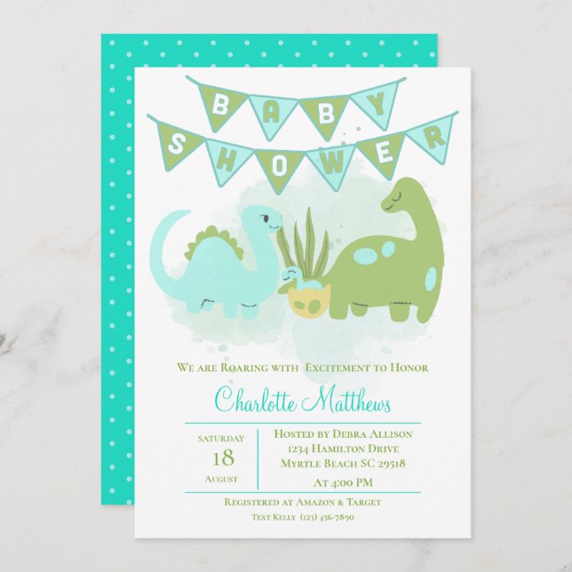 Green Blue Niedlich Dinosaur Mama und Baby Dusche Einladung (Vorne/Hinten)