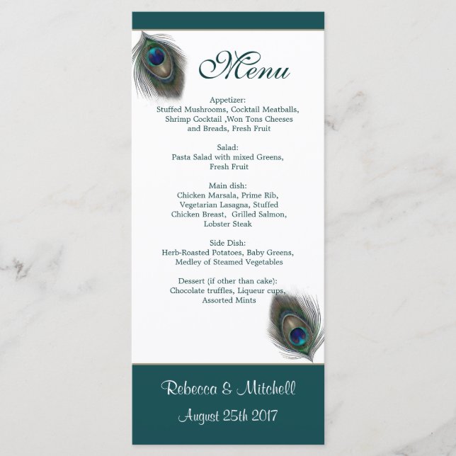 Green Blue Pfau Feathers Menu Rack Card Menükarte (Vorderseite)