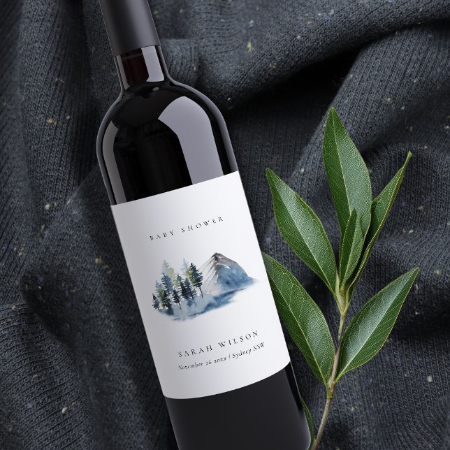 Green Blue Pine Woods Mountain Baby Dusche Weinetikett (Von Creator hochgeladen)