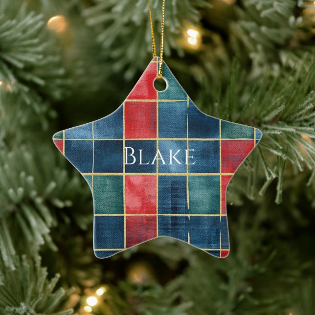 Green Blue Red Gold Plaid Stripes Christmas Keramik Ornament (Baum)