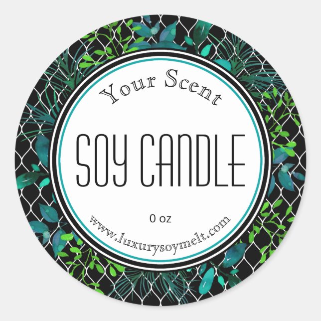 Green Blue Schwarz-weiß Branches Soy Candle Labels Runder Aufkleber (Vorderseite)