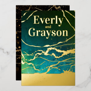 Green Blue Sky Galaxy Marble Gold Wedding Folieneinladung