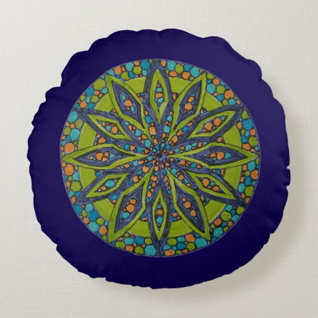 Green/Blue Starburst Mandala Round Throw Pillow Rundes Kissen (Vorderseite)