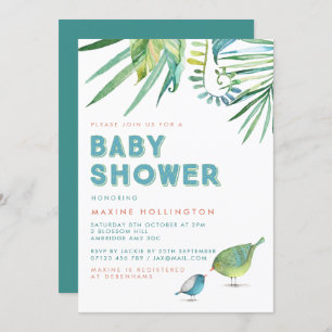 Green & Blue Tropical Birds Watercolor Babydusche Einladung