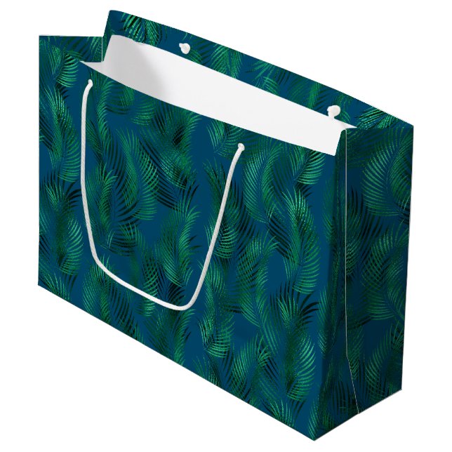 Green Blue Tropical-Blätter Große Geschenktüte (Vorderseite Schrägansicht)
