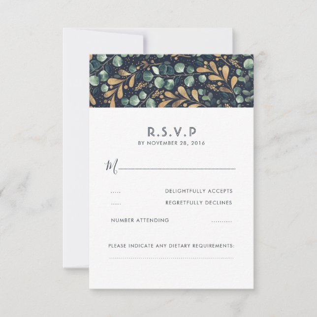 Green Blue und Gold Wedding RSVP (Vorderseite)