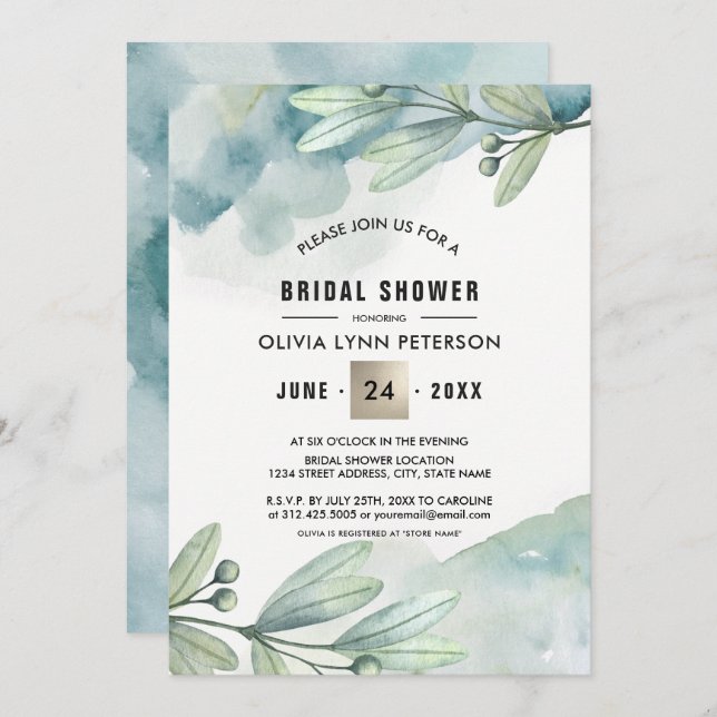 Green Blue Watercolor Berry Branch Brautparty Einladung (Vorne/Hinten)